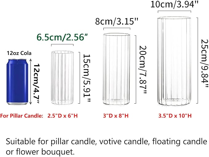Hewory Glass Cylinder Ribbed Vases Set of 18, Tall Clear Vase for Centerpieces, Hurricane Candle Holders for Pillar or Floating Candles, Round Vases for Wedding Anniversary Events Home Table Decor
