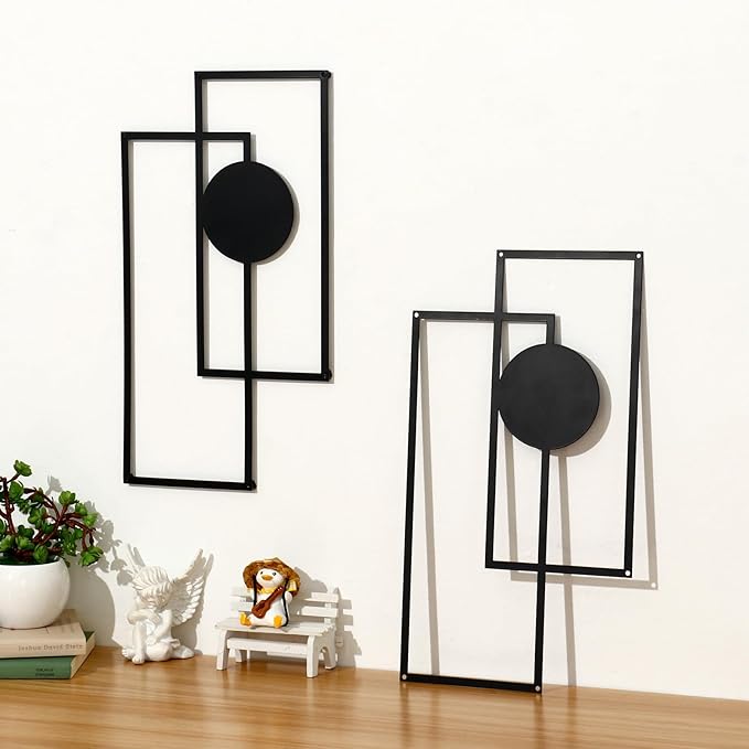 OYEFLY 2 Pcs Metal Abstract Wall Art,Modern Geometric Decor (Black, style 3)