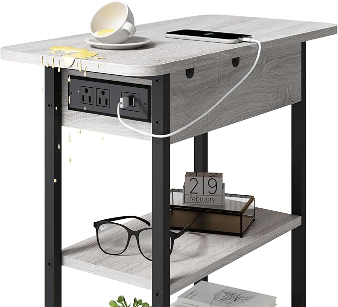 LIDYUK End Table with Charging Station, Set of 2 Flip Top Narrow Side Table for Small Spaces, Nightstands Set of 2 for Bedroom, End Tables Living Room with Storage Shelves, Light Grey