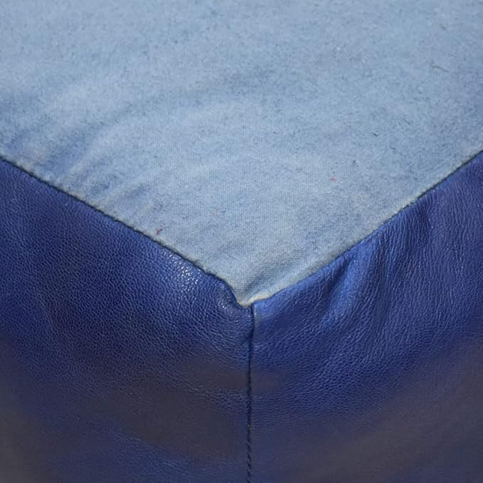 Square Shaped Goat Leather Handmade Eco-Friendly Blue Pouf - 16" x 16" x 16", Plain Solid, Recycled Foam With Fibre Fill Stuffed, Seating PF12