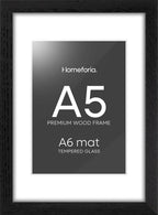 Homeforia A5 Picture Frame Black Wood, High-End Oak 5.8x8.3 Frame Matted to 4.1x5.8 inch Photo, A5 Size Walnut Wooden Frames with Mat A6 for Print, 5.8 by 8.3 Frame, Tempered Glass, Wall Kit, Set of 1