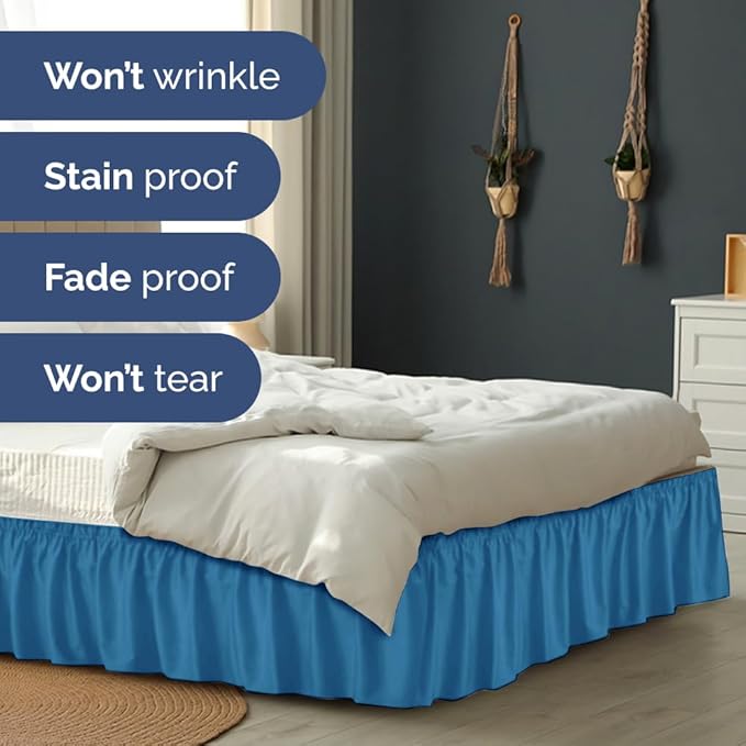 Wrap Around Dust Ruffle Bed Skirt - Denim Blue - for Queen Size Beds with 24 Inch Drop - Elastic Strap - Adjustable Pleated Bedskirt with Brushed Fabric and Wrinkle Free - For Women, Men, Kids & Teens