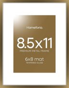 Homeforia 8.5x11 Picture Frame Bronze, High End Metal Brass Frame 8.5 x 11 with Mat 6 by 8 Photo, 11x8.5 Frames Matted to 6x8 Print, 8.5by11 Wall or Tabletop Frames, Tempered Glass, Wall Kit, Set of 1