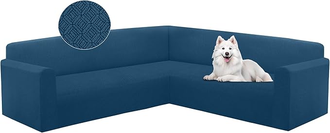 HDCAXKJ Sectional Couch Cover L Shape Stretch Sofa Covers Washable Jacquard Corner Couch Slipcover Non Slip Sectional Slip Cover U Shaped Furniture Protector for Pets Dogs (Dark Blue, Small)