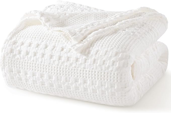 PHF 100% Cotton Waffle Weave Blanket King Size, Soft Lightweight Breathable Cozy Summer Blankets for Bed, Luxury Aesthetic Woven Bedding for Home Decor, 108"x90", White
