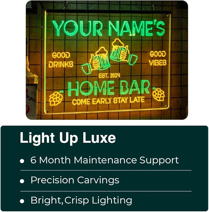 Personalized Bar Signs with Your Name for home wall light up with personalized pub name, man cave accessories, beer themed neon customizable lighted sign