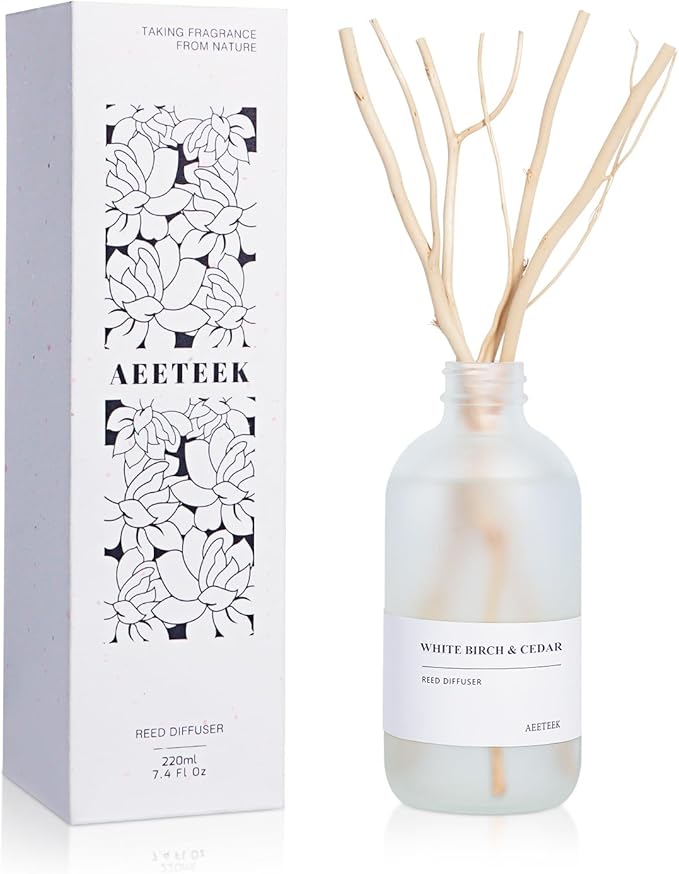 White Birch & Cedar Reed Diffuser, 7.4oz(220ml) Large Bottle Essential Oils, Scented Oil Refill for Waterless Diffuser, Air Freshener for Bathroom with Willow Branches Decor (1-Pack)