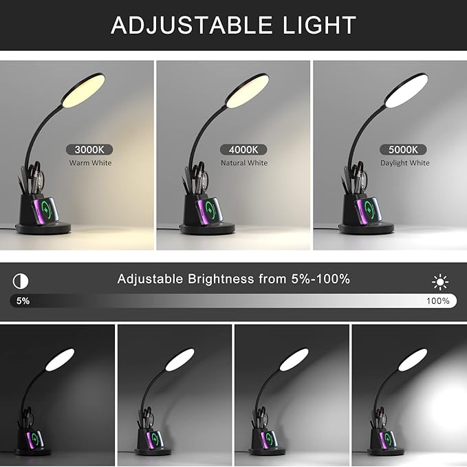 Desk Lamp with Wireless Charger, LED Desk Lamp for Home Office with Pen Holder, Dimmable Eye-Caring Study Desk Light Flexible Arm 3 Color Modes for College Dorm, 800 Lumens CRI 90