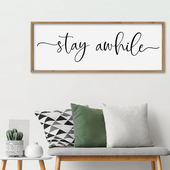 SRSZHIYUE Stay Awhile Sign Wall Decor Art 40"×15" Home Entryway Hallway Signs Large Wood Framed Wall Hanging (Wood)