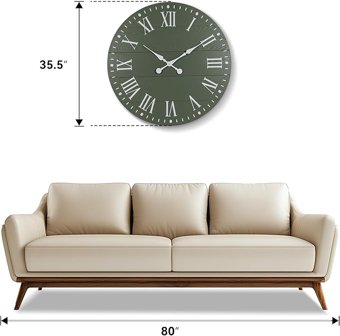 Large Wall Clock with Roman Numeral, 35” Shiplap Wall Clock Farmhouse Nearly Non-Ticking, Round Clock for Living Room Decor, Office, Bedroom, Entrance, Green