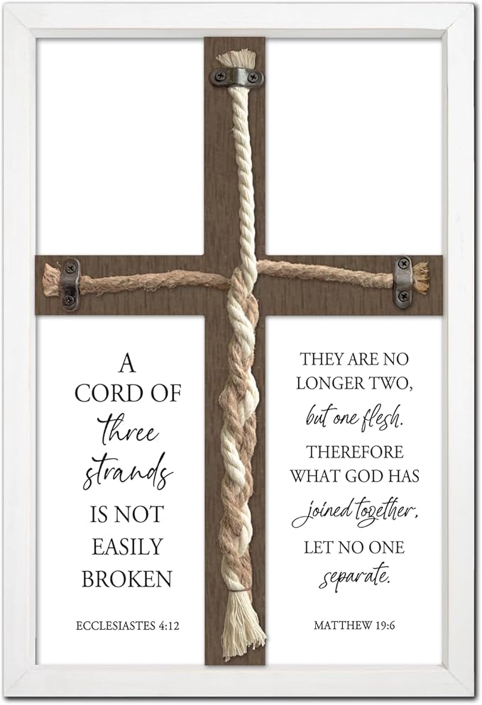 flowtorely A Cord of Three Strands Wedding Ceremony Unity Wall Decor 15"X10" Matthew 19 6 Christian Marriage Prayer Cross Sign Framed Wall Hanging Art (White)