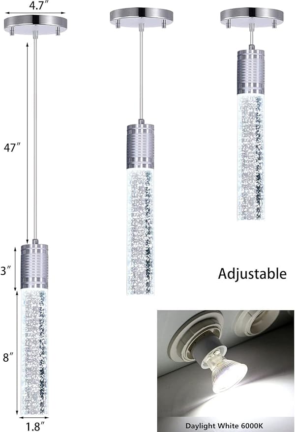 Modern Kitchen Island Hanging Light Fixtures Crytstal Pendant Lighting for Kitchen Island Chrome Mini Chandelier with 6000K Daylight Bulb