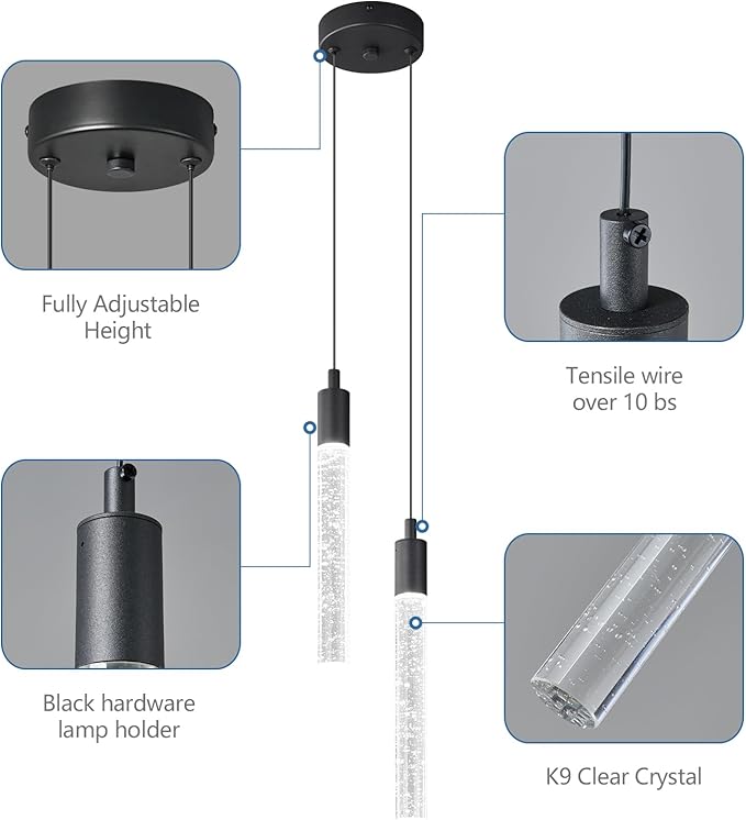 Modern Light Fixture Kitchen Island Pendant Light Dimmable LED Black Pendant Lights Mini Crystal Pendant Lighting for Bedroom Dining Room Living Room（2-Light ）