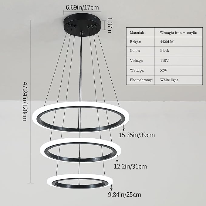 O'NEELDY Modern 3 Ring LED 52W Black Pendant Light with Irregular Ring Lights Adjustable Hanging Lamp for Dining Room Bedroom Kitchen Island Cafe