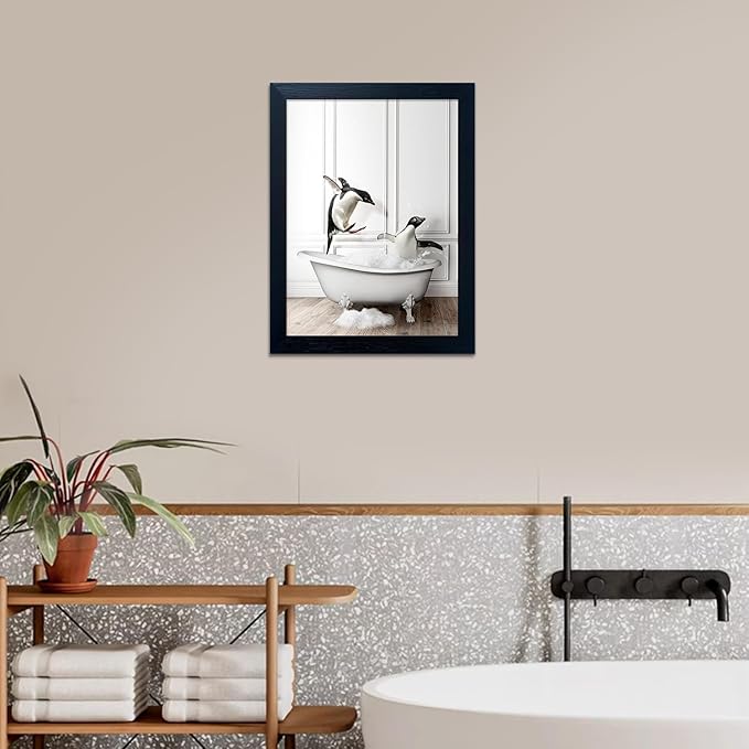 Kids Bathroom Wall Decor Funny Bathroom Wall Art Black and White Wall Decor Cute Penguins in Bathtub Canvas Print Painting Framed Farmhouse Animal Artwork