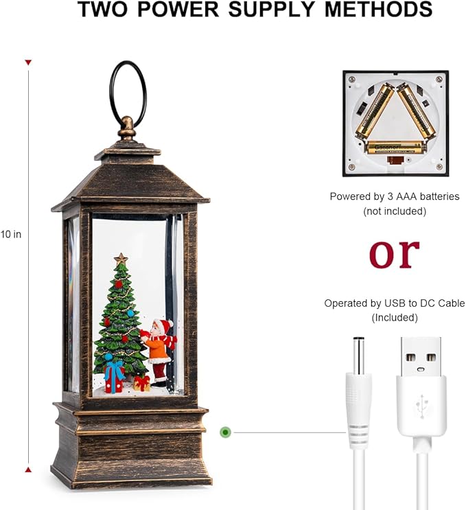 10'' Snow Globe Christmas, Musical Lighted Water Lantern with Swirling Glitter Decoration for Christmas Home, Living Room, Battery Operated or USB Powered (Christmas Tree)