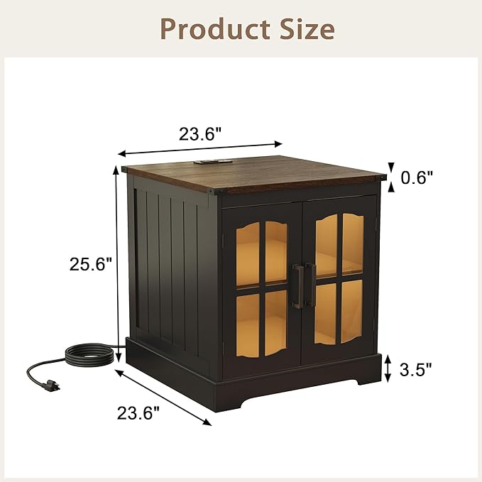 ChooChoo Farmhouse End Table Set of 2, 24" Large Sofa Side Table with Charging Station & LED Light, Black Nightstand with Adjustable Storage Shelf, Square Bedside Table for Living Room