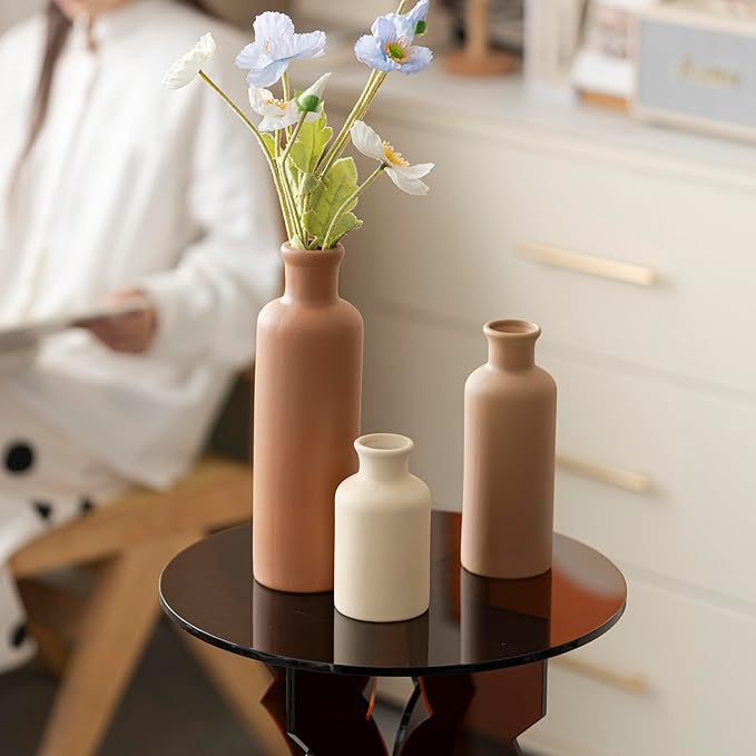 Modern Ceramic Vase Set of 3, Neutral Colors, Decorative Bottles for Home, Earth Tone Farmhouse Rustic Decor (Coffee Mix)