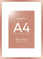 Homeforia A4 Picture Frame Rose Gold, High End Metal 8.3 x 11.7 inch Poster Frames with Mat 5.8 by 8.3 Art, A4 Size Frames Matted to A5 Photo, 8.3x11.7 Wall or Tabletop Frame, Tempered Glass, Set of 1