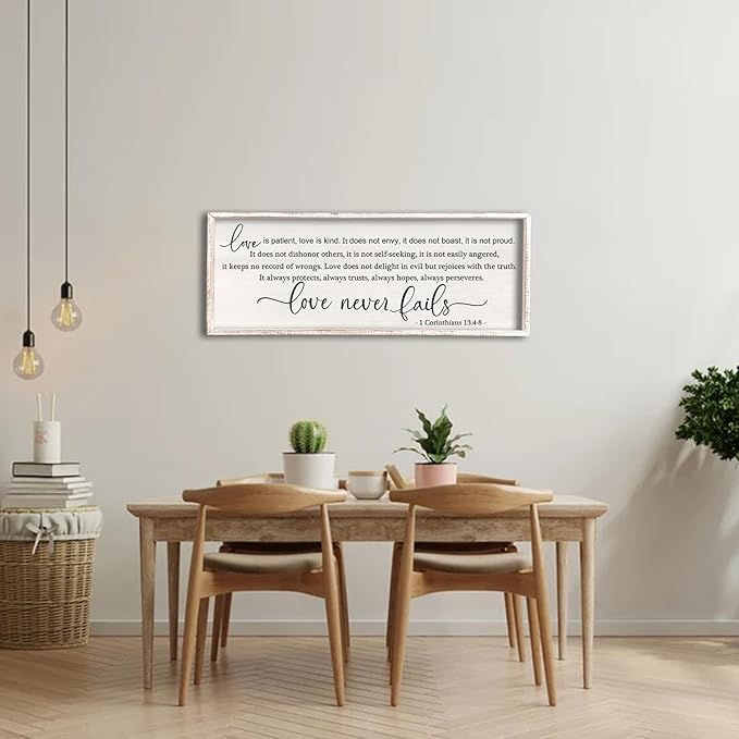 flowtorely Love is Patient, Kind Wall Art Decor 40"X15" Love Never Fails Sign 1 Corinthians 13 Bedroom Above Bed Large Bible Verse Quote Scripture Christianity Hanging Sign (White)