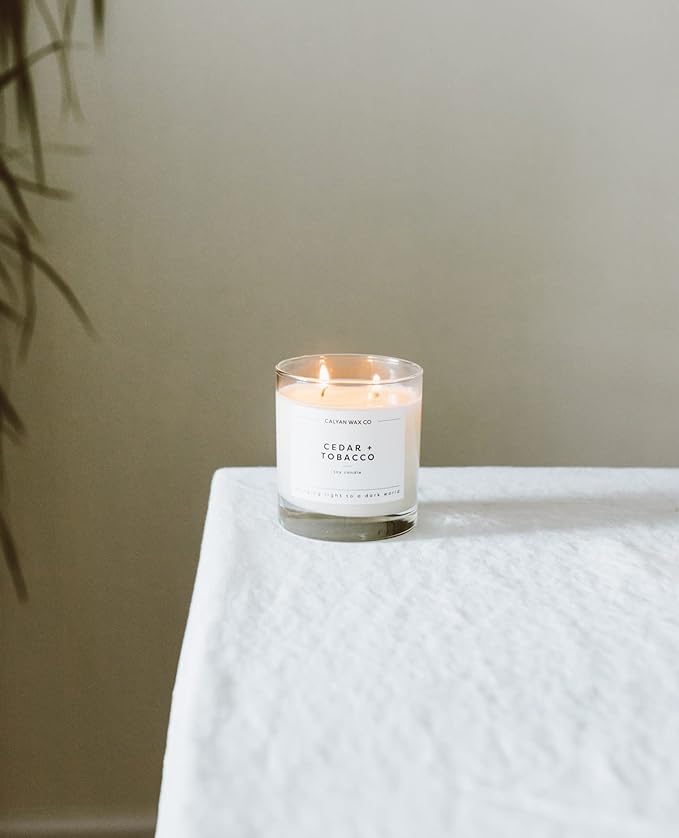 Calyan Wax Co. 2 Wick Candle, Cedar + Tobacco Scented Candle, 37 Hour Burn Time, Aromatherapy Soy Candles, Non Toxic & Vegan Soy Wax, Glass Tumbler Scented Candles, 8.8oz