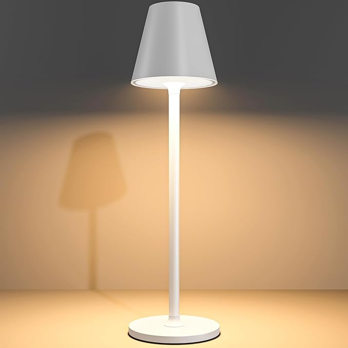 Modern LED Cordless Table Lamp, 4000mAh Rechargeable Battery, 3 Level Brightness Night Light, Metal Shell, Minimalist Design, for Couples Dinner/Coffee Table/Restaurant/Bedroom, White
