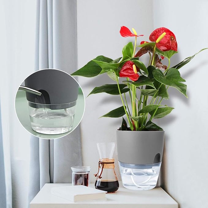 Vanavazon 6 Inch Self Watering Planter Pots for Indoor Plants, 3 Pack African Violet Pots with Wick Rope-Grey