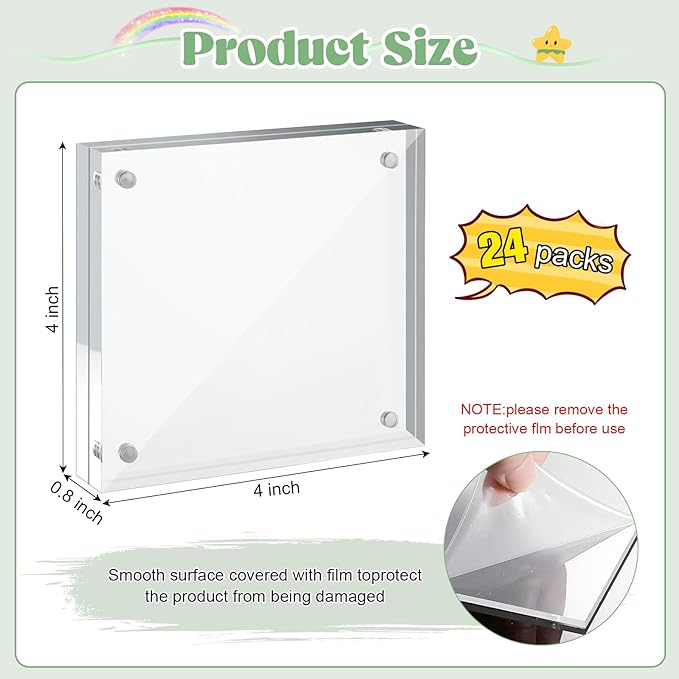 4x4 Acrylic Picture Frames 24 Pack, 20mm Thicker Frameless Clear Picture Frame Freestanding Double-Sided Magnetic Acrylic Frames Desktop Display for Wedding Table Numbers Bedroom Home Office
