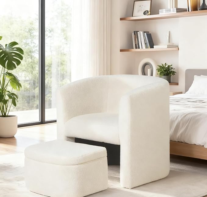 Mid-Century Velvet Living Room Chair with Storage Ottoman, Space-Saving Accent Chairs for Bedroom/Reading Spaces/Office, Cream