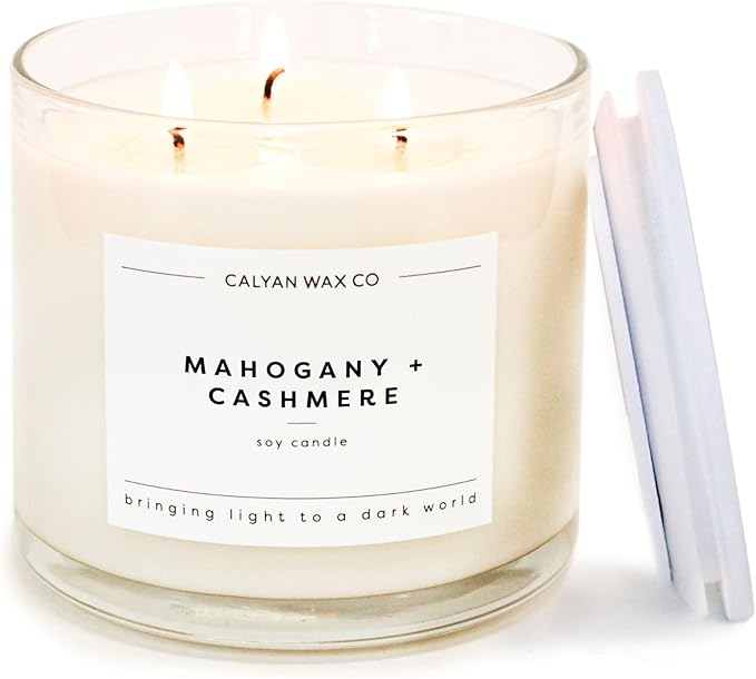 Calyan Wax Co. 3 Wick Candle, Mahogany & Cashmere Scented Candle, 43 Hour Burn Time, 3 Wick Soy Candles, Non Toxic & Vegan Soy Wax, Glass Jar Scented Candles, 14.9oz