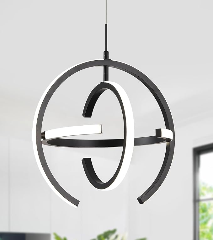 Q&S Modern Led Chandelier,Black Round Globe Hanging Pendant Light for Entryway Kitchen Island Dining Room Living Room Stairway