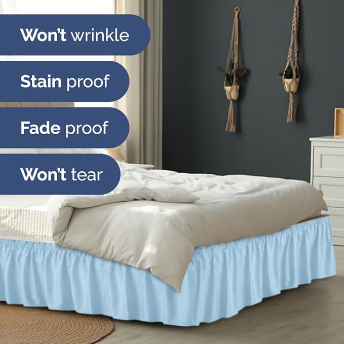 Wrap Around Dust Ruffle Bed Skirt - Light Blue - Twin/Twin XL Size Beds with 24 Inch Drop - Elastic Strap - Adjustable Pleated Bedskirt with Brushed Fabric and Wrinkle Free - Women, Men, Kids & Teens