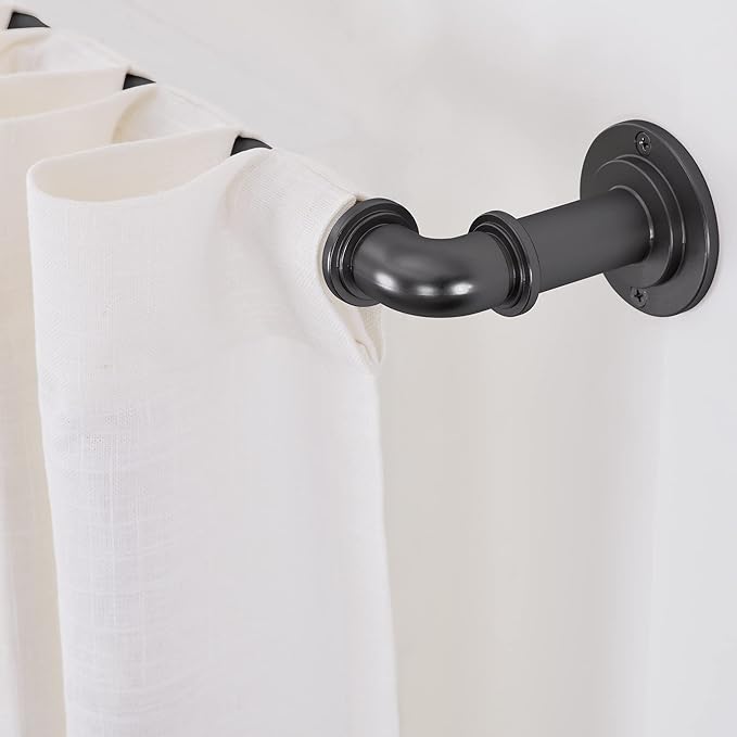 MODE Industrial Room Darkening Collection 1 1/8” diameter Industrial Curtain Rod Set with Steel Wall Mounted Expandable Curtain Rod, Blocks Light, Fits 16” to 32” Windows, Graphite