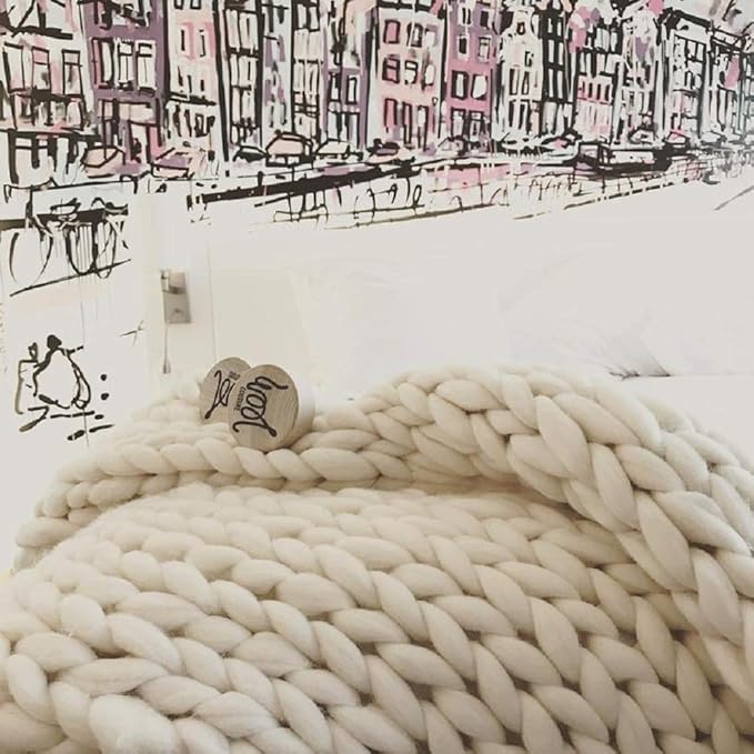 Chunky Knit Blanket Hand Made Merino Wool Throw Boho Bedroom Sofa Home Decor Giant Yarn(Ivory White 60"x80")