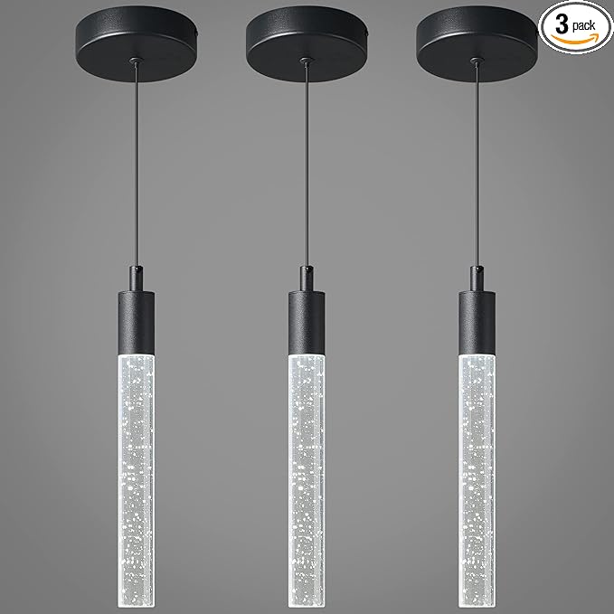 Modern Kitchen Island Pendant Light Dimmable LED Black Finish Mini Crystal Pendant Lighting Bedroom Bedside Table Small Pendant Lights（3-Pack）