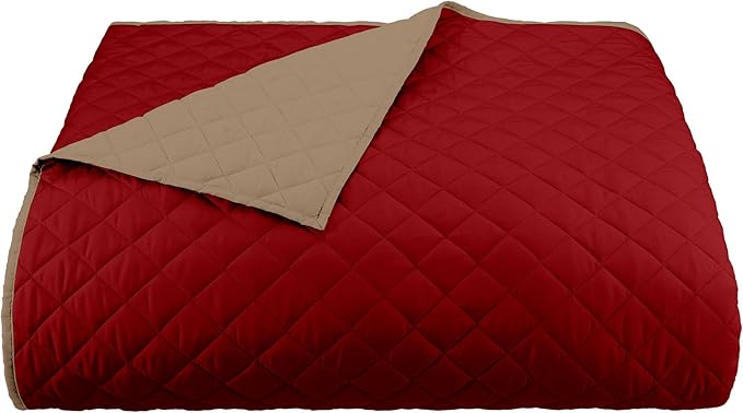 Martex Reversible Coverlet – King Bed Quilt – Lightweight King Size Bedding – Durable King Size Quilts for Bed – Soft - Easy Care Bedding – Khaki/Red
