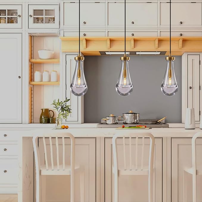 Raindrop Pendant Light Fixtures Set of Two, Brass Glass Pendant Lighting, Teardrops Pendant Lights Kitchen Island, Indoor Pendant Light for Kitchen Island Bedroom Bathroom, Included Bulb