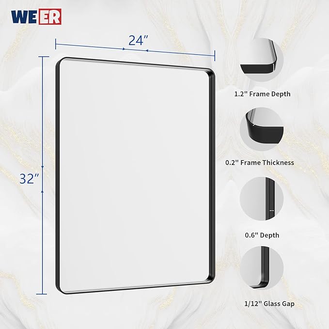 WEER Black Bathroom Mirror 24X32 Inch, Rectangular Black Metal Frame Mirror, Matte Black Bathroom Vanity Mirror with Tempered Glass, Rounded Corner, Anti-Rust (Horizontal/Vertical)