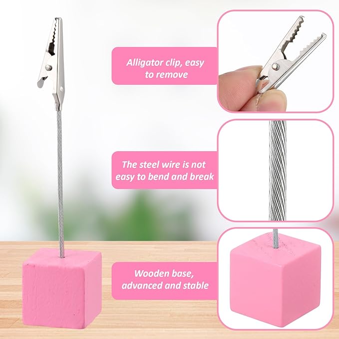 20 Pcs Cube Base Memo Clip Holder with Alligator Clip Wood Table Number Holder Cube Base Place Card Stand Mini Photo Menu Stand for Displaying Number Card(Pink)