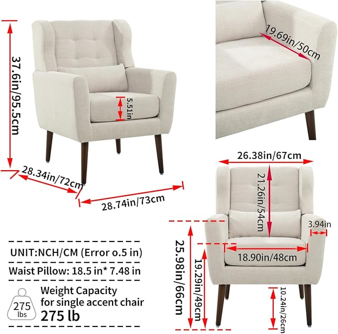 Accent Chair, Comfy Upholstered Living Room Chairs with High Tufted Backrest and Pillow, Wingback Reading Chair with Solid Wood Legs for Bedroom/Office, Chenille Fabric, Beige