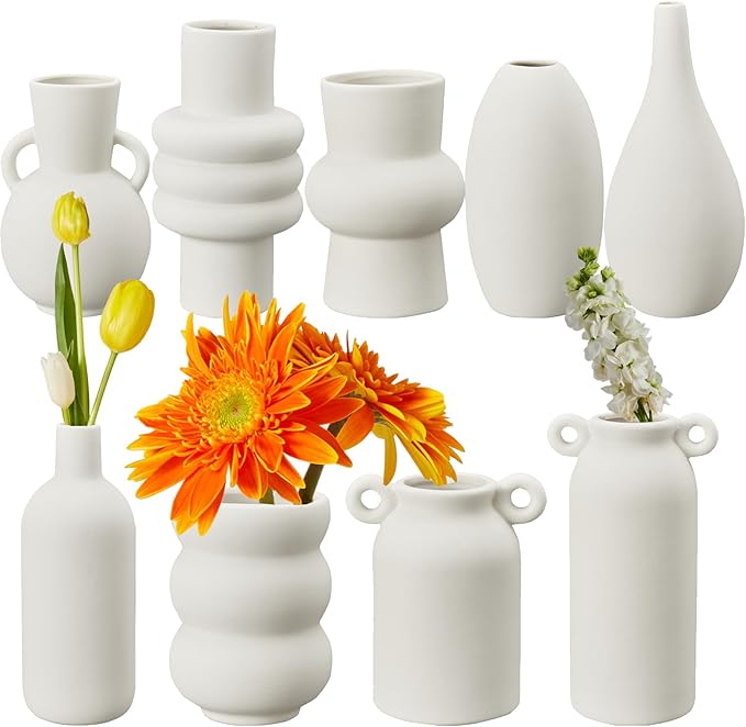 White Ceramic Vase Set of 9, Boho Ceramic Vase in Bulk, Small Vases Set for Home Decor, Modern Minimalist Farmhouse White Bud Vases for Shelf Decor, Table, Bookshelf