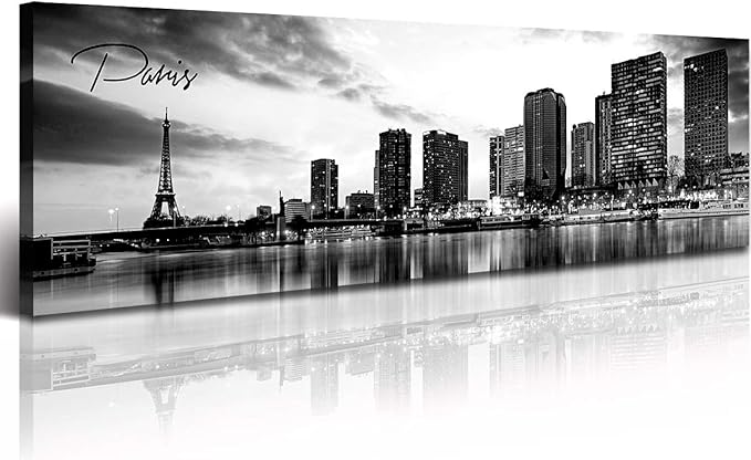 DJSYLIFE Paris Eiffel Tower Skyline Wall Art Black and White Modern City Night View Panoramic Cityscape Picture Paintings Canvas Prints Office Room Home Decoration Artwork Framed 13.8"X47.3"