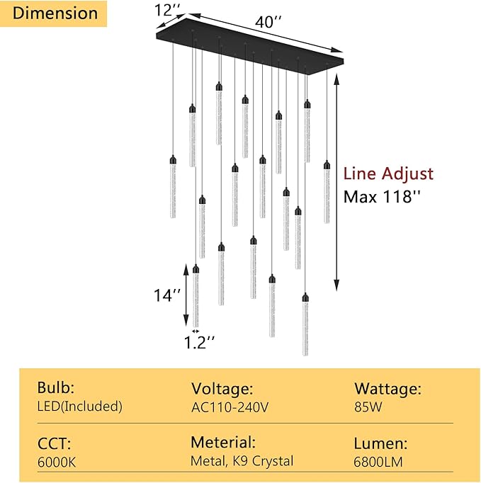 Rectangular Chandeliers 17-Lights Long Light for Entryway LED Dimmable Chandeliers Lighting Fixture Flat Sloped High Ceiling Pendant Lights Crystal for Living Room Foyer Hallway Staircase Black