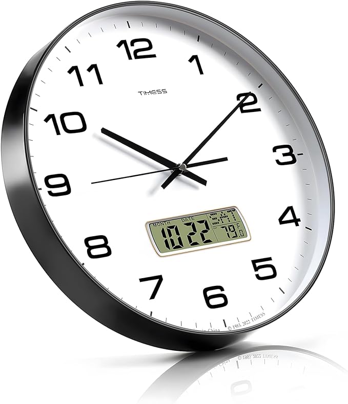 Wall Clock, 13" Dial Non-Ticking Silent Battery Operated Analog with LCD Display for Perpetual Calendar and F° Temperature, Ideal Modern Home, Bedroom, Kitchen, Office Decor(Black)