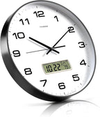 Wall Clock, 12" Dial Non-Ticking Silent Battery Operated Analog with LCD Display for Perpetual Calendar and F° Temperature, Ideal Modern Home, Bedroom, Kitchen, Office Decor (Black)