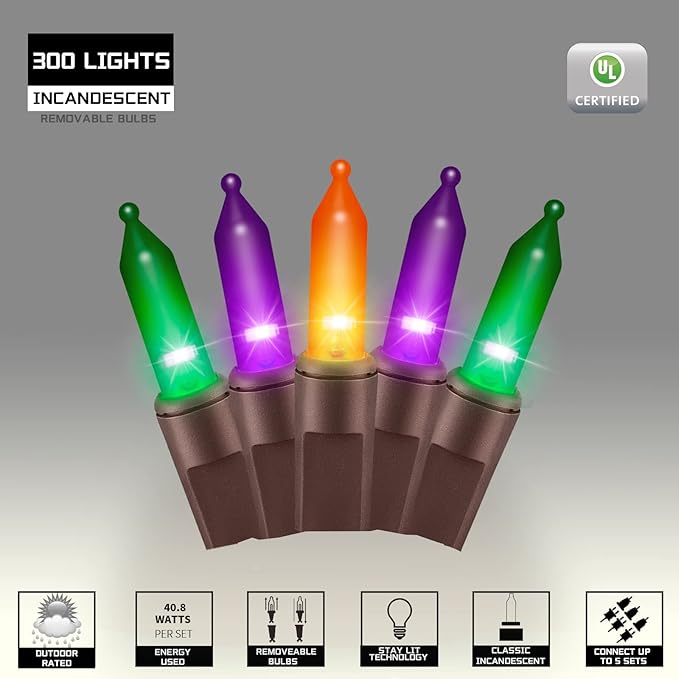 300LIGHTS(2*150L) ORANGE PURPLE and GREEN Extra-Bright With End Connectors Halloween Decorative Lights 19.44m UL Certified Mini String Light Set Waterproof for Halloween Home Garden Tree Party