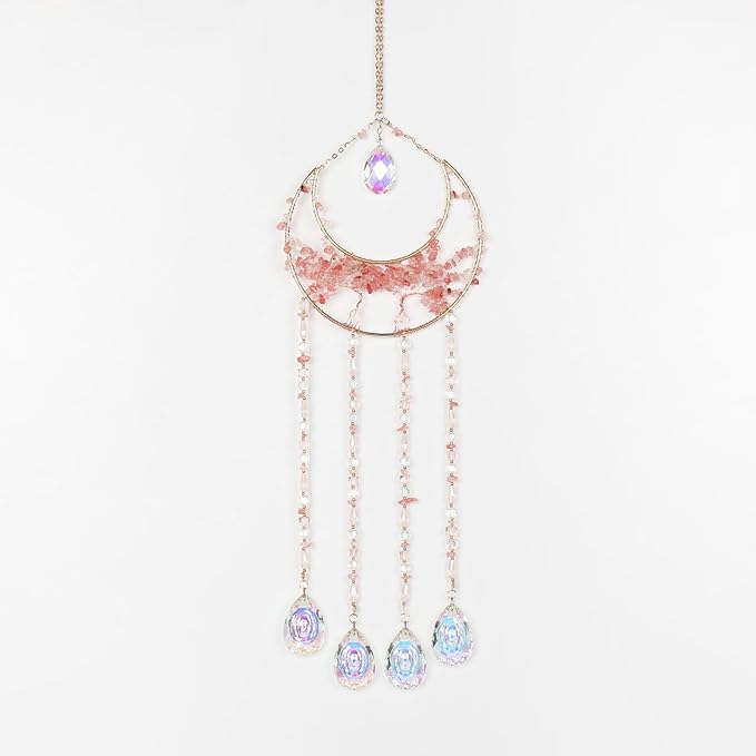 Pink Gemstone Large Moon Dream Catcher Chakra Tree of Life Dream Catcher with Crystals and Prismatic Glass Pendant Handmade Dreamcatcher Suncatcher Wall Decor for Adults Bedroom Garden Bless Gift