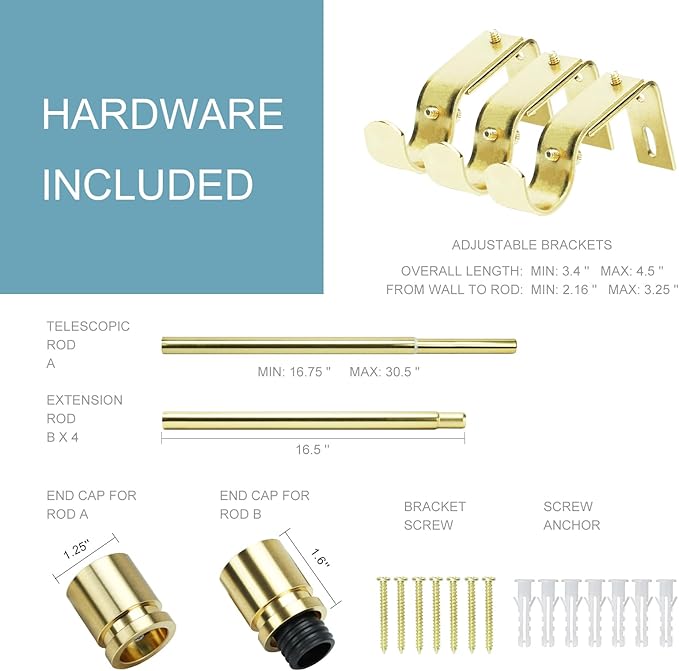 Curtain Rods for Windows 16 to 88 Inches Adjustable Length 1 Inch Diameter Window Curtain Rod with Aluminium Finials, Gold