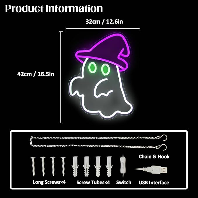 Witch Hat Ghost Neon Signs for Wall Decor Halloween Neon Sign Spooky Ghost LED Sign Gothic Lamp Neon Lights Signs Purple Witch Hat Neon Wall Sign for Bedroom Bar Halloween House Party Decor