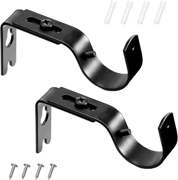 Frienda 2 Pcs Curtain Rod Brackets Adjustable Holder Wall for 1 Inch Diameter Curtain Rod General Bracket Hooks with Screws (Classic Black)